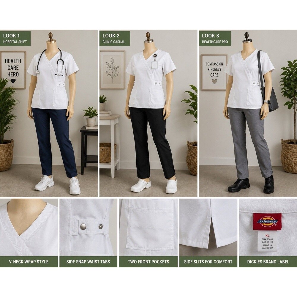 Dickies Medical Short Sleeve V-Neck Scrub Top Fit Women's Size XL White Pockets - Picture 11 of 11